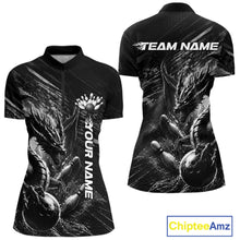 Load image into Gallery viewer, Black and White Grunge Dragon women's bowling quarter zip shirt, custom bowling team uniform