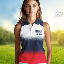 Load image into Gallery viewer, Female golfer wearing patriotic US flag golf sleeveless polo shirt, red white and blue golf apparel, women's golf tournament outfit