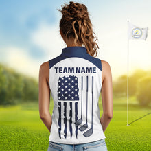 Load image into Gallery viewer, Female golfer wearing patriotic US flag golf sleeveless polo shirt, red white and blue golf apparel, women's golf tournament outfit