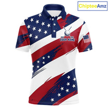 Load image into Gallery viewer, Men's US Flag golf polo shirt, patriotic red white and blue golf apparel, custom golf team shirt, golf tournament polo, personalized golf clothing, golf gift for men