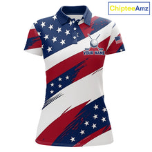 Load image into Gallery viewer, Women's US Flag golf polo shirt, patriotic red white and blue golf apparel, custom golf team shirt, golf tournament polo, personalized golf clothing, golf gift for women