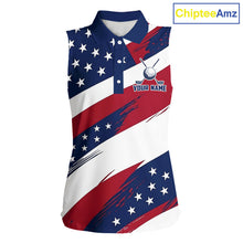 Load image into Gallery viewer, Women's US Flag golf sleeveless polo shirt, patriotic red white and blue golf apparel, custom golf team shirt, golf tournament polo, personalized golf clothing, golf gift for women