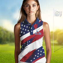 Load image into Gallery viewer, Female golfer wearing patriotic US flag golf polo shirt, red white blue golf apparel, custom golf team clothing, women's golf tournament outfit