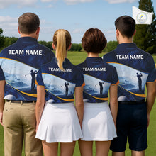 Load image into Gallery viewer, Men women golf team wearing matching tropical palm tree golf polo shirts, resort golf uniforms, golf outing apparel