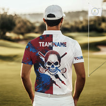 Load image into Gallery viewer, Male golfer wearing red blue splatter skull golf polo shirt, custom skull golf apparel, men's golf outfit