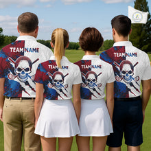 Load image into Gallery viewer, Men women golf team wearing matching skull golf polo shirts, custom golf uniforms, golf tournament apparel