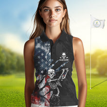 Load image into Gallery viewer, Female golfer wearing smoke US flag skull golf polo shirt, patriotic golf outfit, custom golf apparel