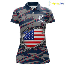 Load image into Gallery viewer, Blue and Red American Flag women's darts polo shirt, patriotic dart jersey, custom dart team uniform, USA flag dartboard apparel, personalized darts polo, professional darts team clothing