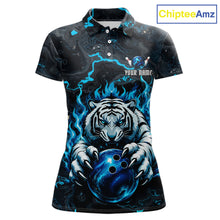 Load image into Gallery viewer, Black and Blue Flame Tiger bowling ball women's polo shirt custom funny bowling team jersey, personalized tiger bowling shirt, bowling league apparel