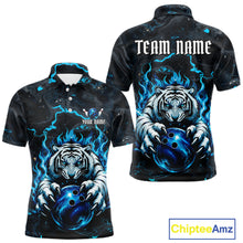 Load image into Gallery viewer, Black and Blue Flame Tiger bowling ball men's polo shirt custom funny bowling team jersey, personalized tiger bowling shirt, bowling league apparel