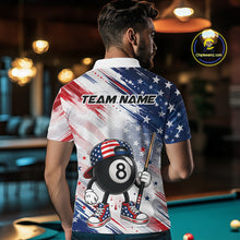 Load image into Gallery viewer, Male Pool Player Wearing Custom US Flag 8 Ball Billiard Shirt, Personalized Tournament Team Apparel, Professional Billiards Uniform