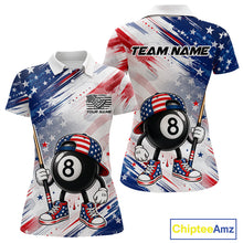 Load image into Gallery viewer, Personalized Grunge US Flag Funny 8 Ball women's billiard polo shirt custom patriotic pool team jersey