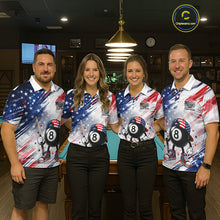 Load image into Gallery viewer, Men women billiard team wearing matching Grunge US Flag Funny 8 Ball patriotic team uniforms