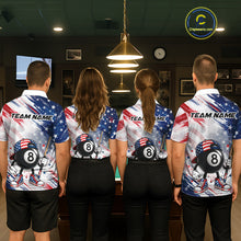 Load image into Gallery viewer, Men women billiard team wearing matching Grunge US Flag Funny 8 Ball patriotic team uniforms