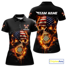 Load image into Gallery viewer, Personalized US Flag Skull Fire Flame Dartboard Women Darts Polo Shirt Custom Darts Team Jersey NYN2585