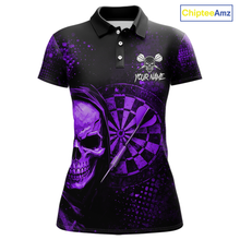 Load image into Gallery viewer, Purple Grunge Skull Dartboard &amp; Arrow Women Darts Polo Shirt Personalized Darts Team Jerseys NYN2596