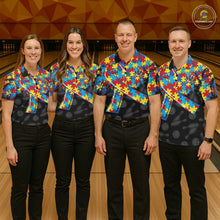 Load image into Gallery viewer, Personalized Colorful Autism Awareness Ribbon Bowling Shirt For Women Bowling Puzzles Team Jersey NYN3173