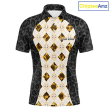 Load image into Gallery viewer, Black leopard mens golf polo yellow argyle golf outfit