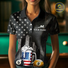Load image into Gallery viewer, Grunge US Flag Beer Pool 8 Ball &amp; 9 Ball Women's Billiard Shirt Custom Patriotic Billiard Team Attire NYN2560