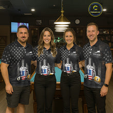 Load image into Gallery viewer, Grunge US Flag Beer Pool 8 Ball &amp; 9 Ball Women's Billiard Shirt Custom Patriotic Billiard Team Attire NYN2560