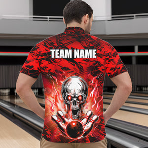 Personalized Red Flame Skull Bowling Jersey Camo Quarter-Zip Bowling Team Shirt QZT670