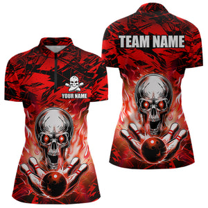 Personalized Red Flame Skull Bowling Jersey Camo Quarter-Zip Bowling Team Shirt QZT670