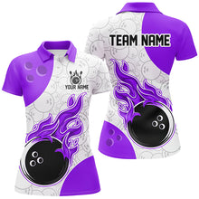 Load image into Gallery viewer, Bowling team shirt with flames and a bowling ball design on a white background
