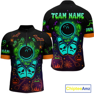 Custom Neon Bowling Team Shirt Halloween Polo & Quarter-Zip Bowling Jersey for Men QZT731
