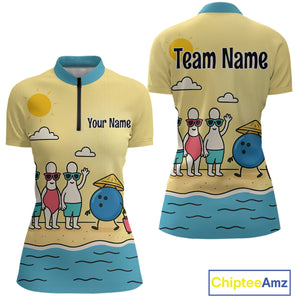 Summer Bowling Shirt Custom Quarter-Zip Bowling Jersey Funny Bowling Pins and Ball QZT695