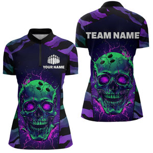 Black & Purple Skull Bowling Jersey Custom Quarter-Zip Bowling Team Shirt for Men Women QZT675