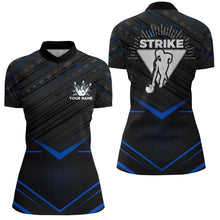 Load image into Gallery viewer, Strike Bowling Shirt for Women Personalized Bowling Jersey Blue&amp;Black Bowling Quarter-Zip Shirt BDT259