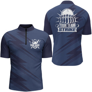 Custom Bowling Quarter-Zip Shirt For Men Blue Bowling Team League Jersey Strike Bowling Shirt BDT246
