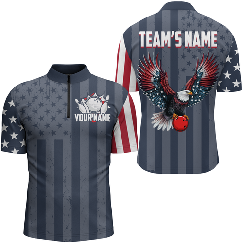 Eagle Navy Bowling Shirt For Men & Women Custom Patriotic Bowling Team Jersey Quarter-Zip BDT540