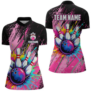 Custom Pink Bowling Shirt for Women Men Bowling Water Color Bowling Polo & 1/4 Zip Shirts MBL37