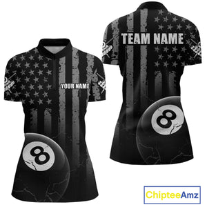 Custom American Flag 8 Ball Billiard Shirts for Women, Billiard Team Polo & 1/4 Zip Shirts NNT64
