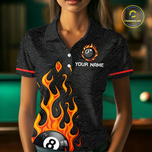 Custom 8 Ball Flame Billiard Shirts for Women Billiard Team Jerseys Polo & 1/4 Zip Shirts NNT50