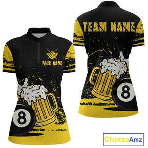 Custom Black and Yellow 8 Ball Beer Billiard Shirts for Women, Billiard Team Polo & 1/4 Zip Shirts NNT68