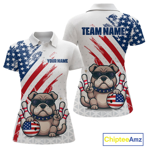 Funny US Flag French Bulldog Bowling Women Polo & 1/4 Zip Shirts Bowling Team Jersey HNT88