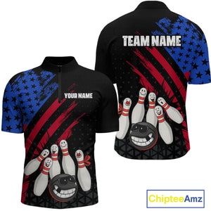 Custom Funny US Flag Bowling Jersey for Men Bowling Uniform Polo & 1/4 Zip Bowling Team Shirts HNT126