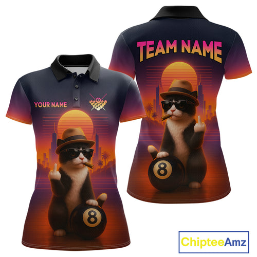 Custom Funny Cat 8 Ball Billiard Jersey for Women Billiard Uniform Polo & 1/4 Zip Billiard Team Shirts NNT80