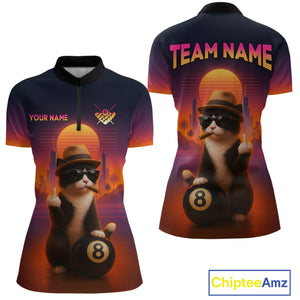Custom Funny Cat 8 Ball Billiard Jersey for Women Billiard Uniform Polo & 1/4 Zip Billiard Team Shirts NNT80