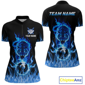 Custom Blue Tiger Flaming 8 Ball Pool Women Billiard Polo & 1/4 Zip Shirts Billiard Team Shirt NNT79