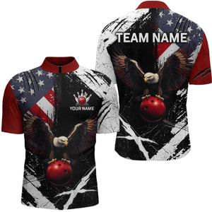 US Flag Eagle Custom Name Bowling Team Shirts For Men Bowling League Polo & 1/4 Zip Shirt HNT06