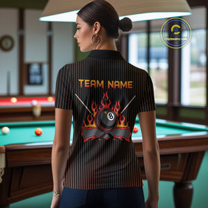 Custom Orange 8 Ball Flame Billiard Shirts for Women, Billiard Team Polo & 1/4 Zip Shirts NNT62