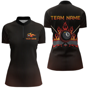 Custom Orange 8 Ball Flame Billiard Shirts for Women, Billiard Team Polo & 1/4 Zip Shirts NNT62