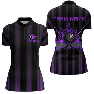 Custom Purple 8 Ball Flame Billiard Shirts for Women, Billiard Team Polo & 1/4 Zip Shirts NNT62
