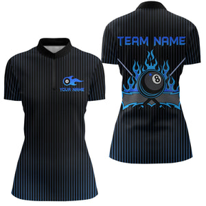 Custom Blue 8 Ball Flame Billiard Shirts for Women, Billiard Team Polo & 1/4 Zip Shirts NNT62
