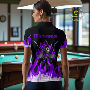 Custom Purple 8 Ball Pool Flame Billiard Shirts for Women Billiard Team Polo & 1/4 Zip Shirts NNT63