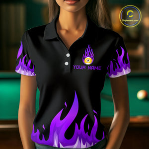 Custom 9 Ball Purple Flaming Billiard Shirts for Women Billiard Team Shirts Billiard League NNT73