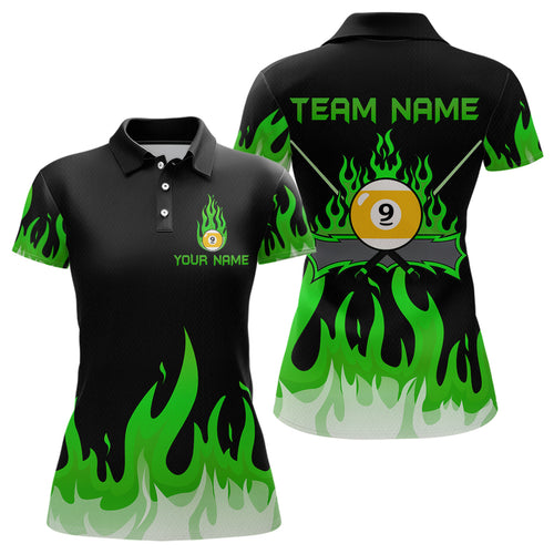 Custom 9 Ball Green Flaming Billiard Shirts for Women Billiard Team Shirts Billiard League NNT73